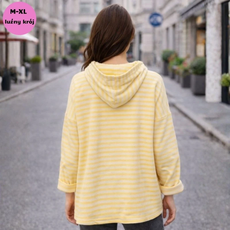 Bluza Oversize w Paski Żółto-Białe Kaptur Made in Italy Uni