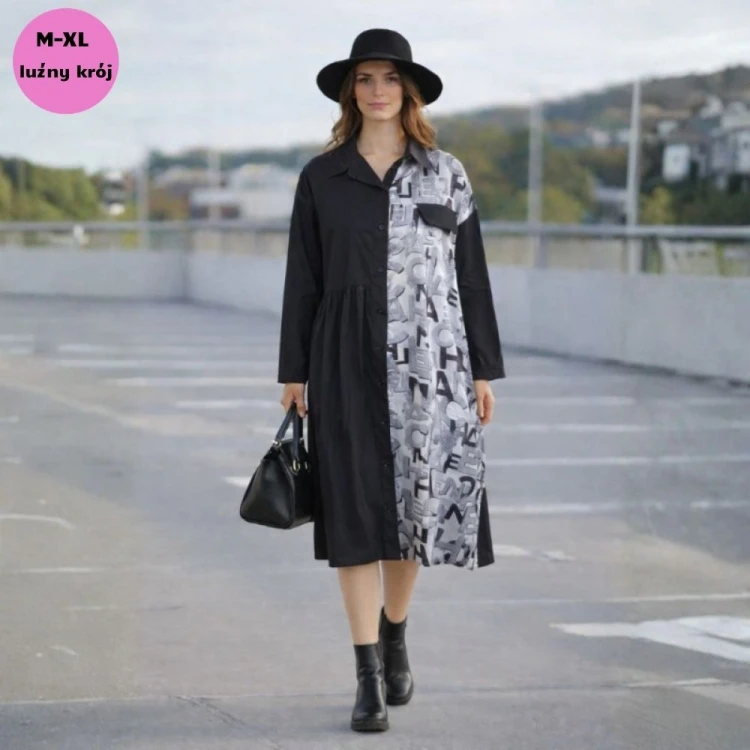 Sukienka koszulowa czarna MIDI z printem liter Oversize S/M