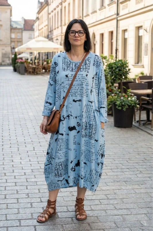 Sukienka damska oversize niebieska napisy kieszenie Made in Italy bawełna Uni