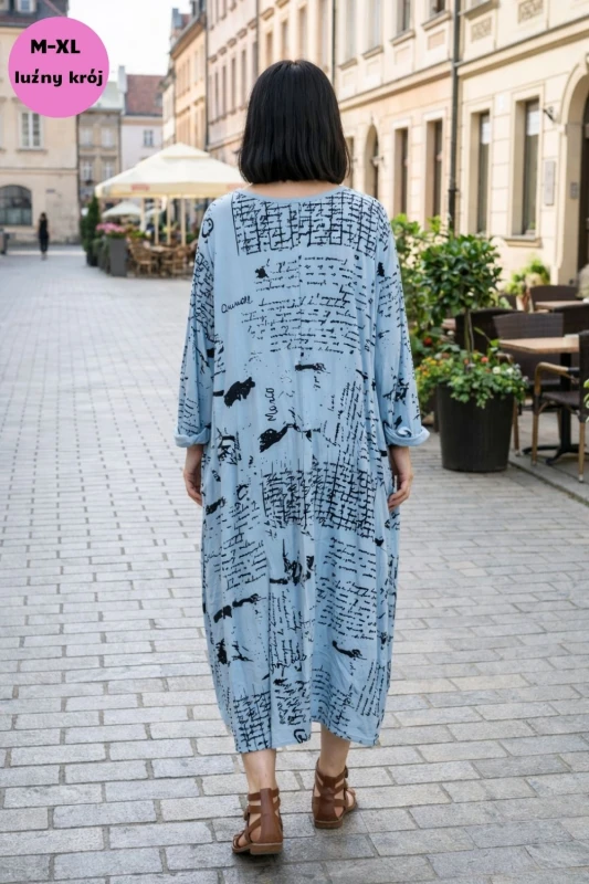 Sukienka damska oversize niebieska napisy kieszenie Made in Italy bawełna Uni