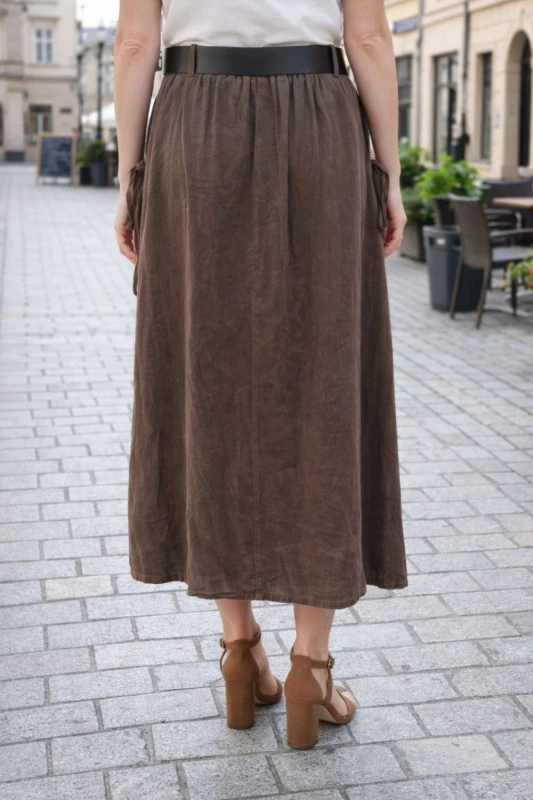 Spódnica damska brązowa sztruksowa midi kieszenie pasek Italy One Size