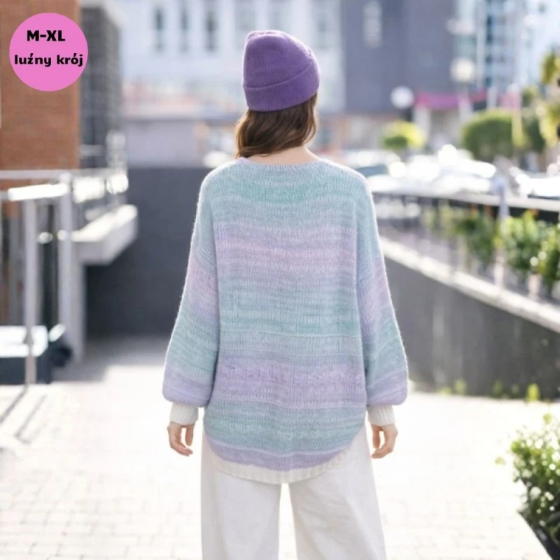 Sweter Kardigan Damski Włoski Miętowo-Fioletowy Oversize