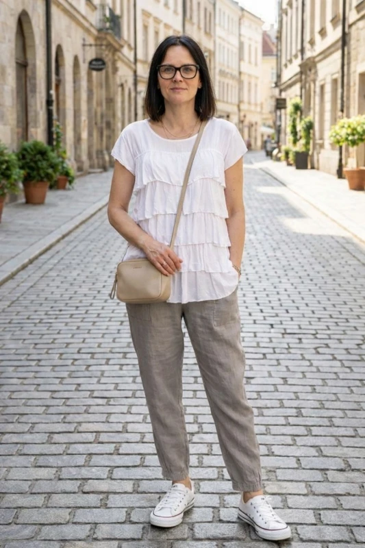 Spodnie damskie beżowe 100% len casual Italy luźne Uni