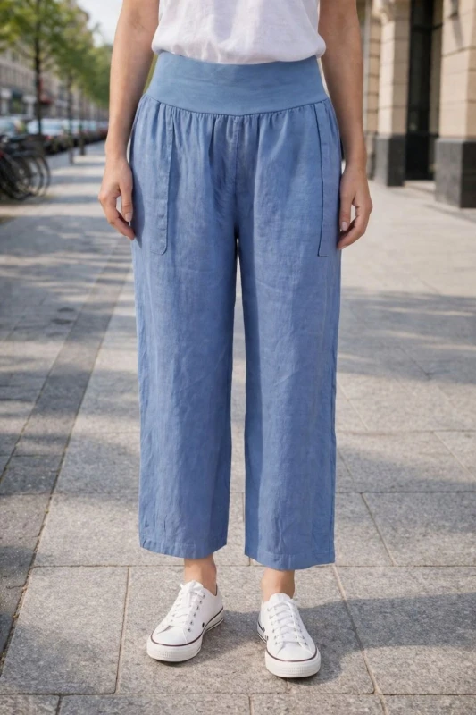Spodnie damskie niebieskie 100% len casual Italy luźne Uni