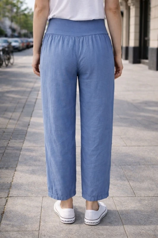 Spodnie damskie niebieskie 100% len casual Italy luźne Uni