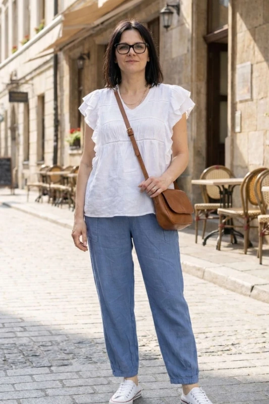 Spodnie damskie niebieskie 100% len casual Italy luźne Uni
