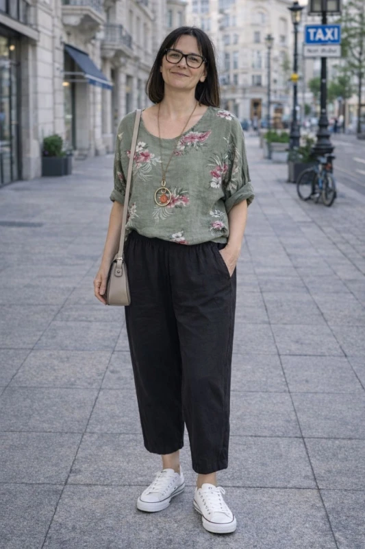 Spodnie damskie czarne 100% len casual Italy luźne Uni