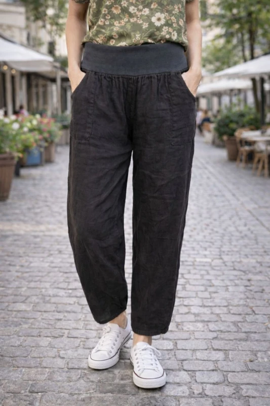 Spodnie damskie czarne 100% len casual Italy luźne Uni