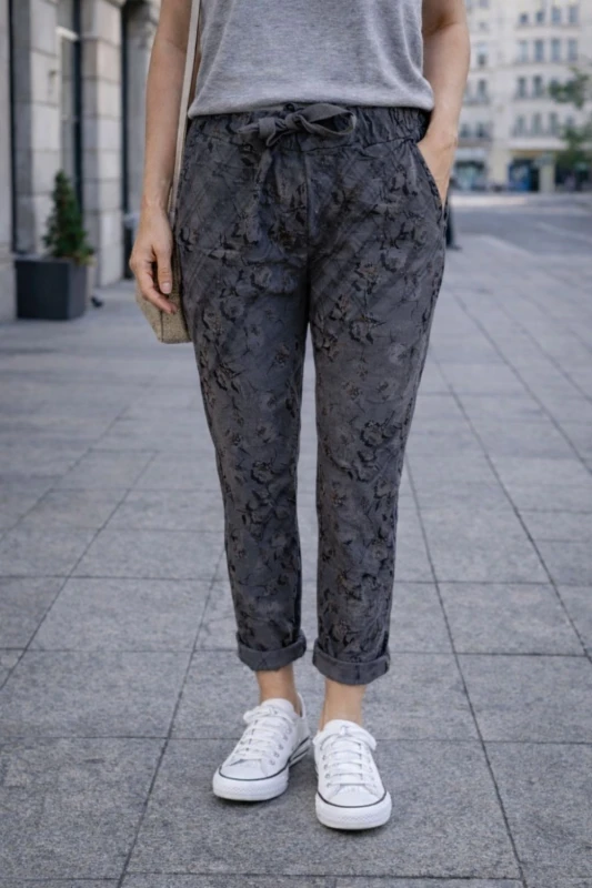Spodnie damskie włoskie grafit wzór kwiatowy casual Uni