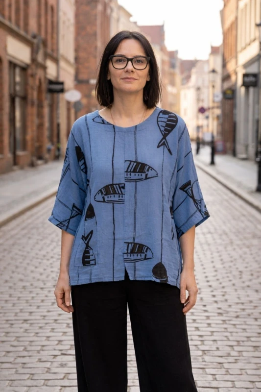 Bluzka damska niebieska przewiewna len bawełna włoska luźna oversize Uni
