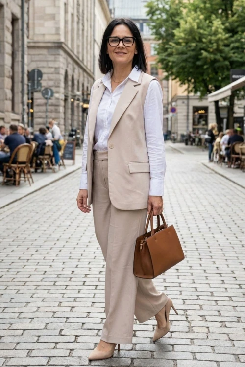 Komplet Damski Elegancki Beżowy Kamizelka + Spodnie Włoski Styl Uni