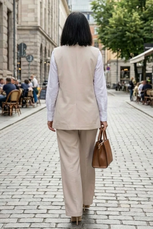 Komplet Damski Elegancki Beżowy Kamizelka + Spodnie Włoski Styl Uni