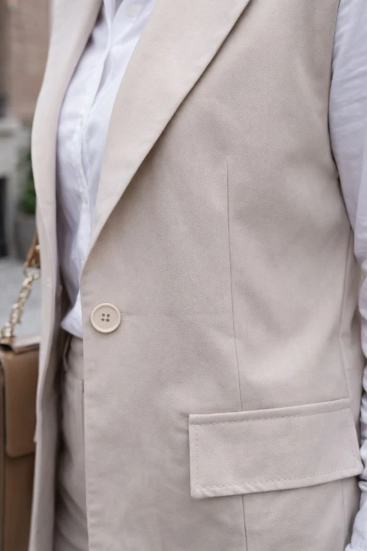 Komplet Damski Elegancki Beżowy Kamizelka + Spodnie Włoski Styl Uni