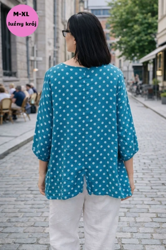 Bluzka damska Turkusowa w Groszki Len Bawełna Made in Italy Oversize