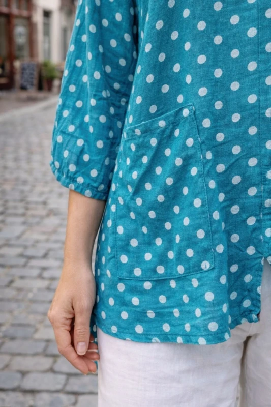 Bluzka damska Turkusowa w Groszki Len Bawełna Made in Italy Oversize