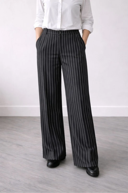 Spodnie damskie eleganckie szerokie czarne w paski L