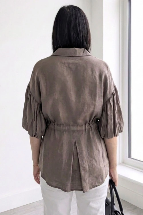 Bluzka damska brązowa len+wiskoza Italy wiązana elegancka Uni