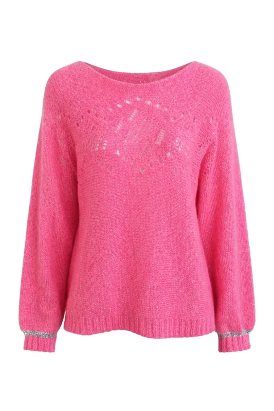 Sweter damski różowy ze srebrną nitką moher Italy oversize miękki