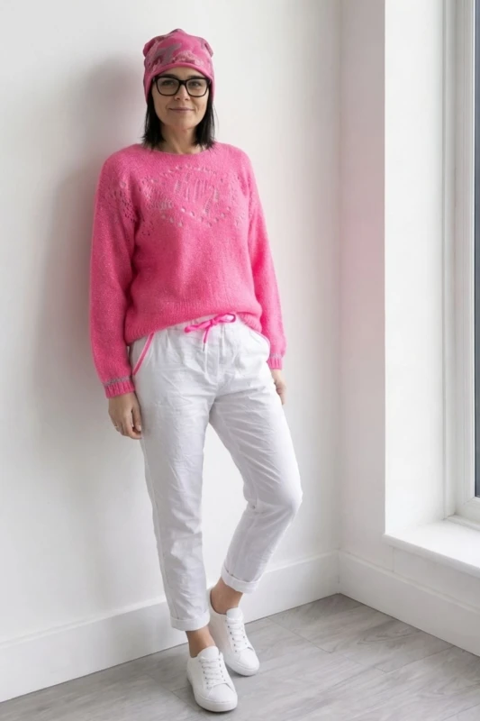 Sweter damski różowy ze srebrną nitką moher Italy oversize miękki