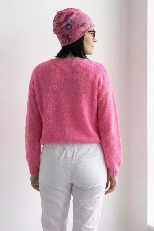 Sweter damski różowy ze srebrną nitką moher Italy oversize miękki
