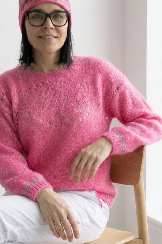 Sweter damski różowy ze srebrną nitką moher Italy oversize miękki