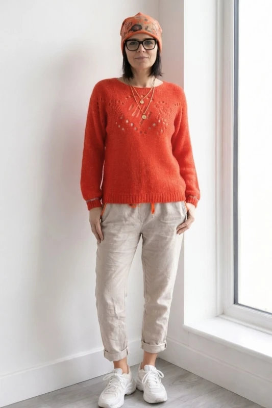 Sweter damski pomarańczowy ze srebrną nitką moher Italy oversize miękki