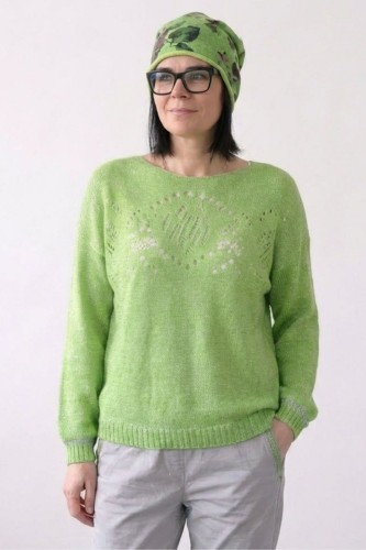 Sweter damski limonkowy zielony ze srebrną nitką moher Italy oversize miękki