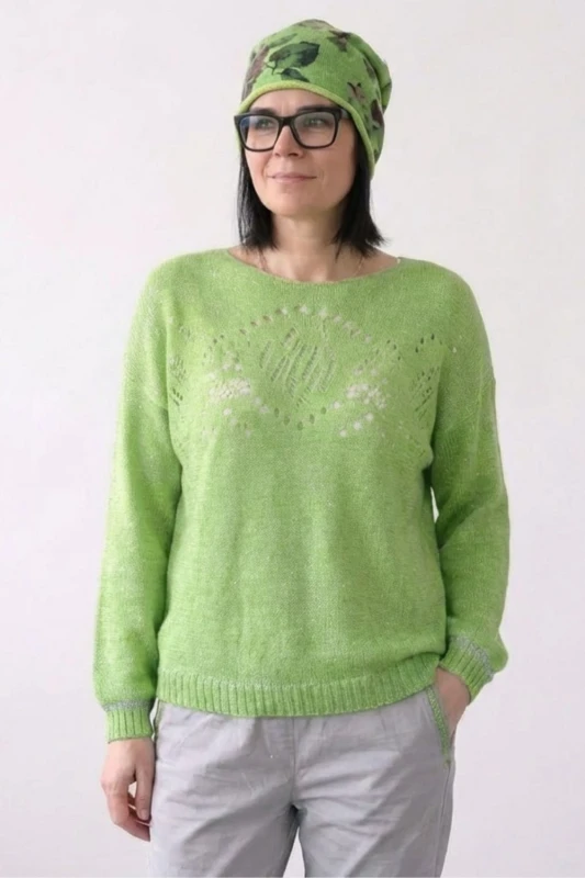 Sweter damski limonkowy zielony ze srebrną nitką moher Italy oversize miękki