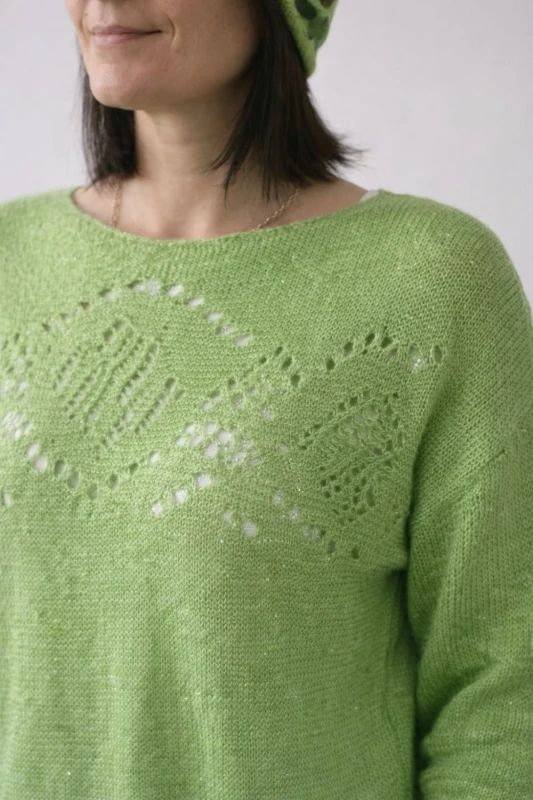 Sweter damski limonkowy zielony ze srebrną nitką moher Italy oversize miękki