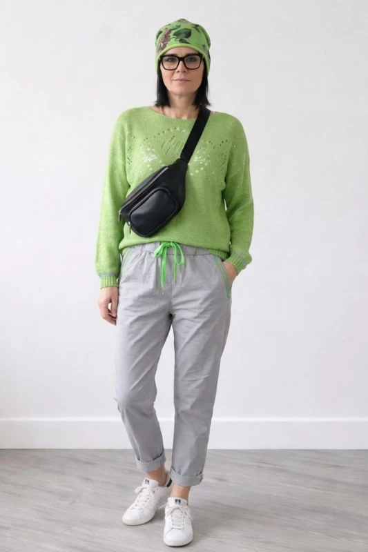 Sweter damski limonkowy zielony ze srebrną nitką moher Italy oversize miękki