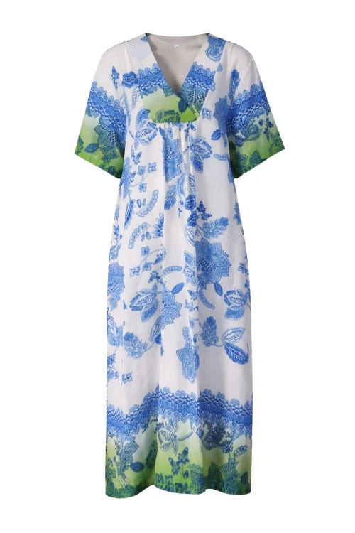 Sukienka damska biało niebieska boho V-neck lekka wiskoza len Włoska