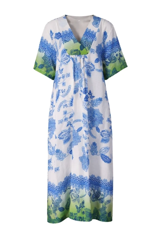 Sukienka damska biało niebieska boho V-neck lekka wiskoza len Włoska