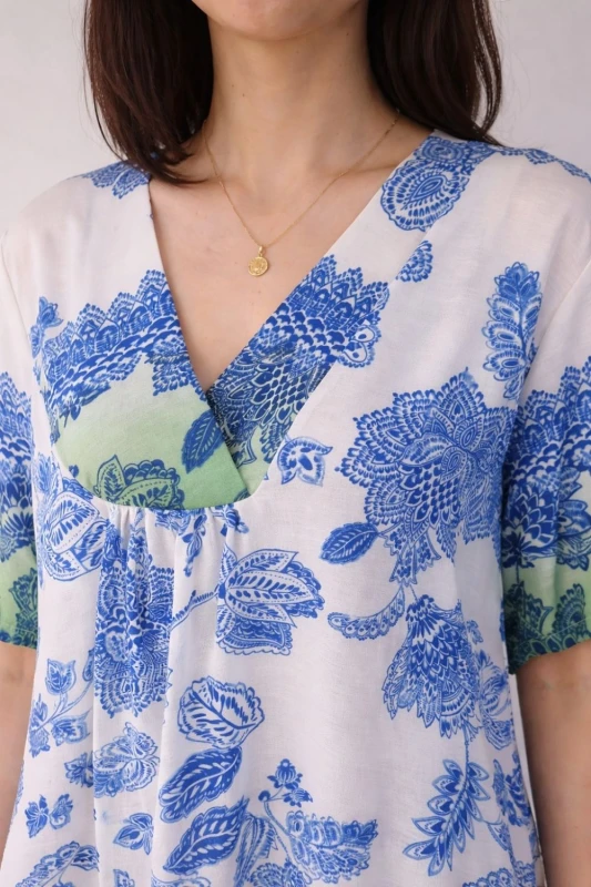 Sukienka damska biało niebieska boho V-neck lekka wiskoza len Włoska