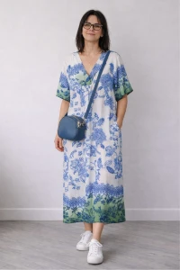 Sukienka damska biało niebieska boho V-neck lekka wiskoza len Włoska