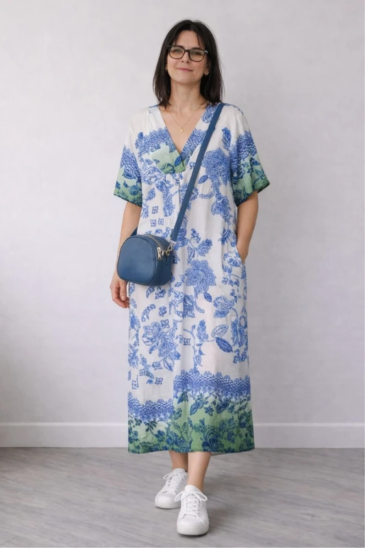 Sukienka damska biało niebieska boho V-neck lekka wiskoza len Włoska