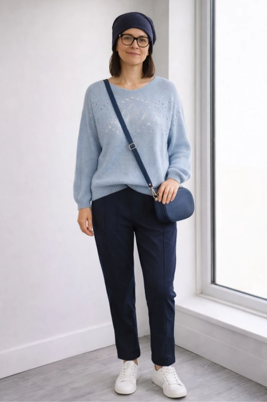 Sweter damski błękitny ze srebrną nitką moher Italy oversize miękki