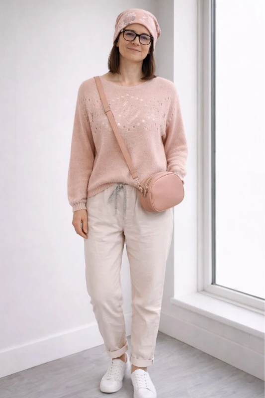 Sweter damski jasnoróżowy ze srebrną nitką moher Italy oversize miękki