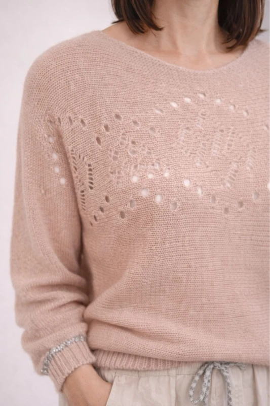 Sweter damski jasnoróżowy ze srebrną nitką moher Italy oversize miękki