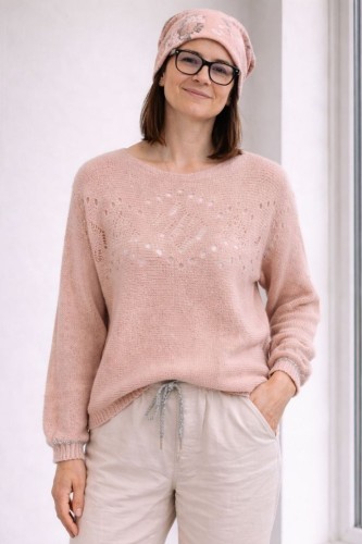 Sweter damski jasnoróżowy ze srebrną nitką moher Italy oversize miękki