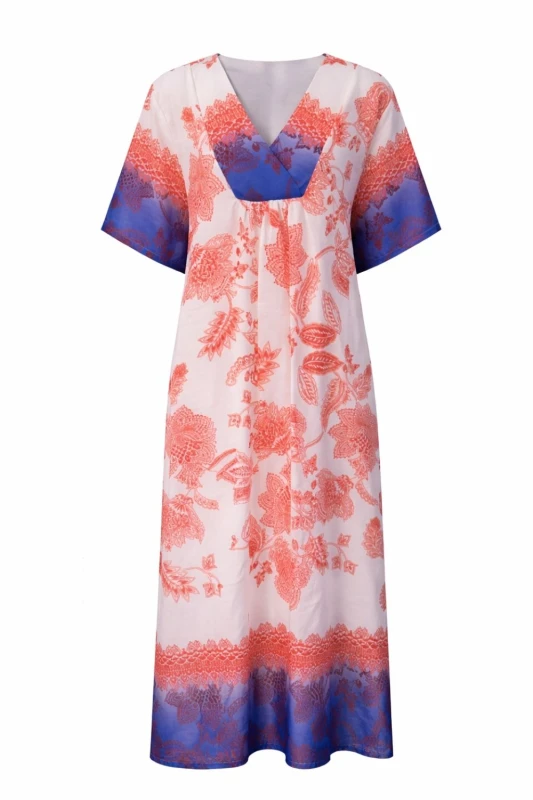 Sukienka damska biało czerwona boho V-neck lekka wiskoza len Włoska