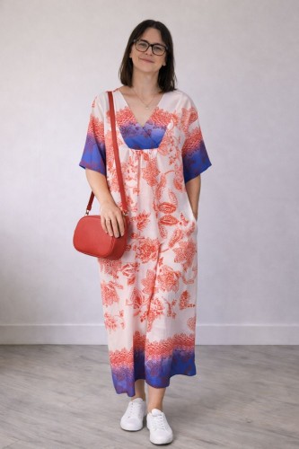 Sukienka damska biało czerwona boho V-neck lekka wiskoza len Włoska
