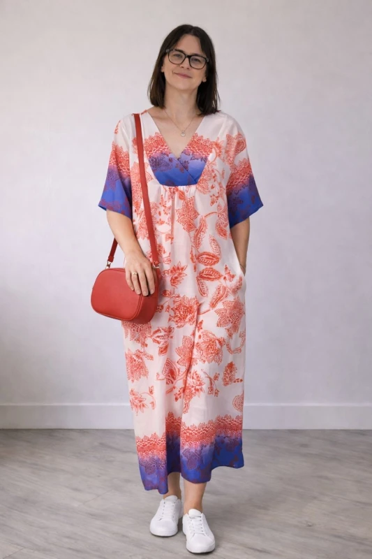 Sukienka damska biało czerwona boho V-neck lekka wiskoza len Włoska
