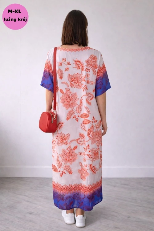 Sukienka damska biało czerwona boho V-neck lekka wiskoza len Włoska