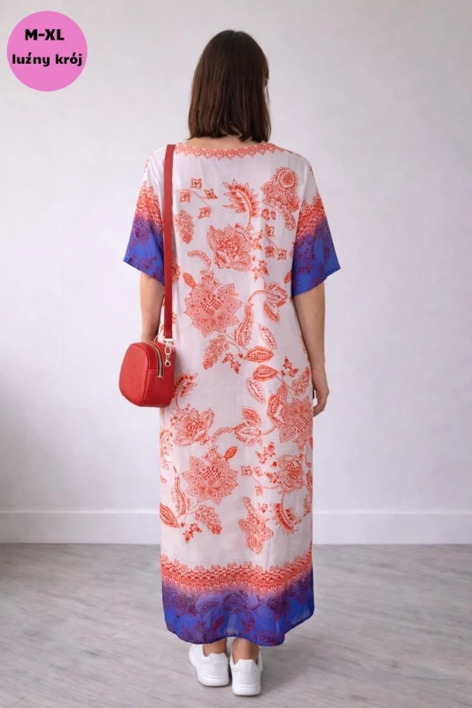 Sukienka damska biało czerwona boho V-neck lekka wiskoza len Włoska