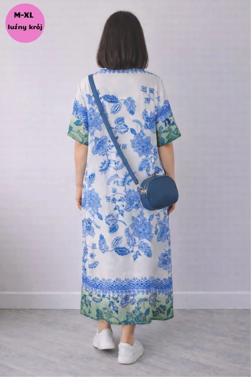Sukienka damska biało niebieska boho V-neck lekka wiskoza len Włoska