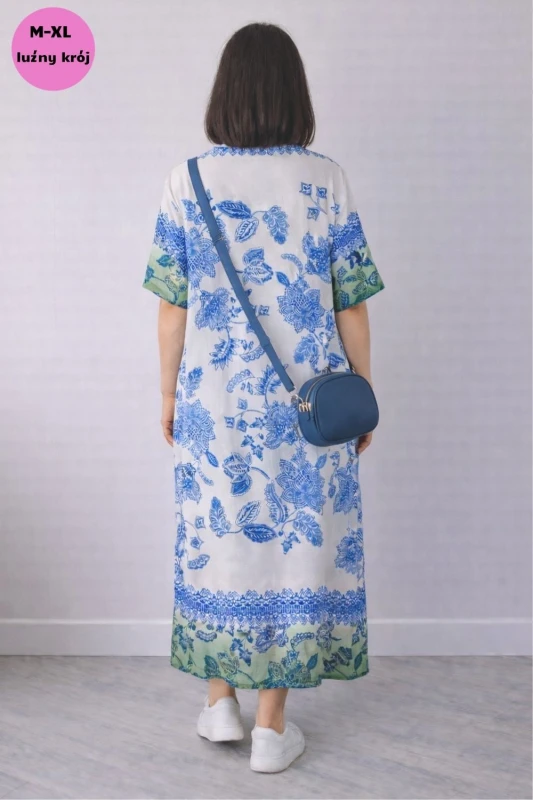Sukienka damska biało niebieska boho V-neck lekka wiskoza len Włoska