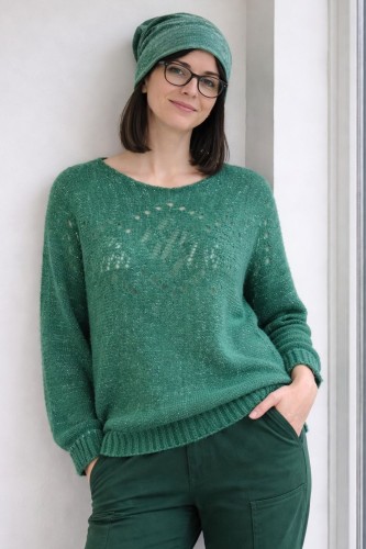 Sweter damski ciemnozielony ze srebrną nitką moher Italy oversize miękki