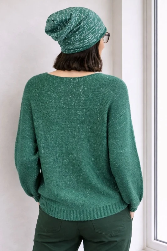 Sweter damski ciemnozielony ze srebrną nitką moher Italy oversize miękki