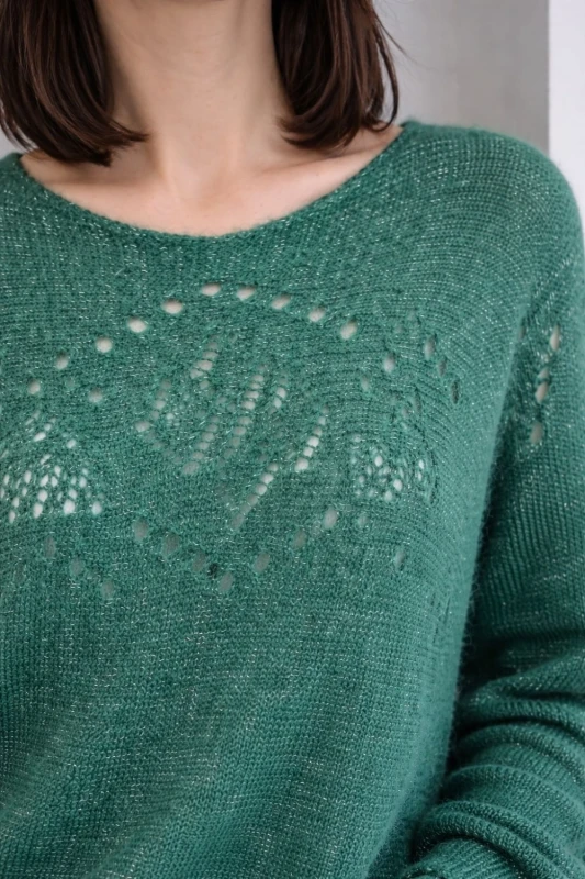 Sweter damski ciemnozielony ze srebrną nitką moher Italy oversize miękki