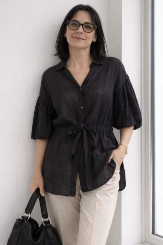 Bluzka damska czarna len+wiskoza Italy wiązana elegancka Uni